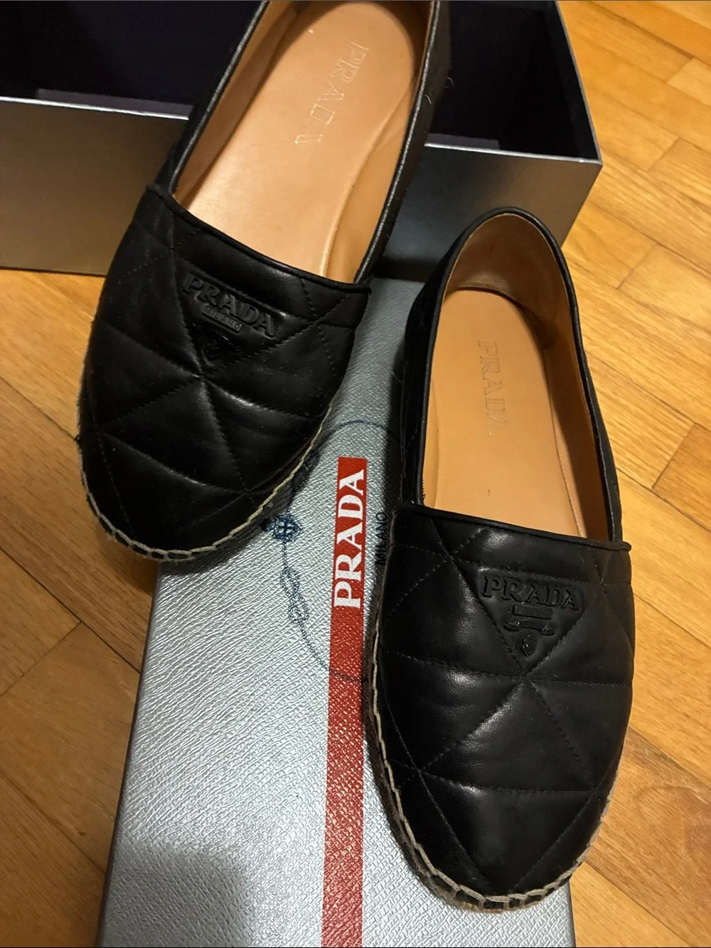 Prada Black Quilted Nappa Leather Espadrilles Triangle Logo 8.5 Box Authentic